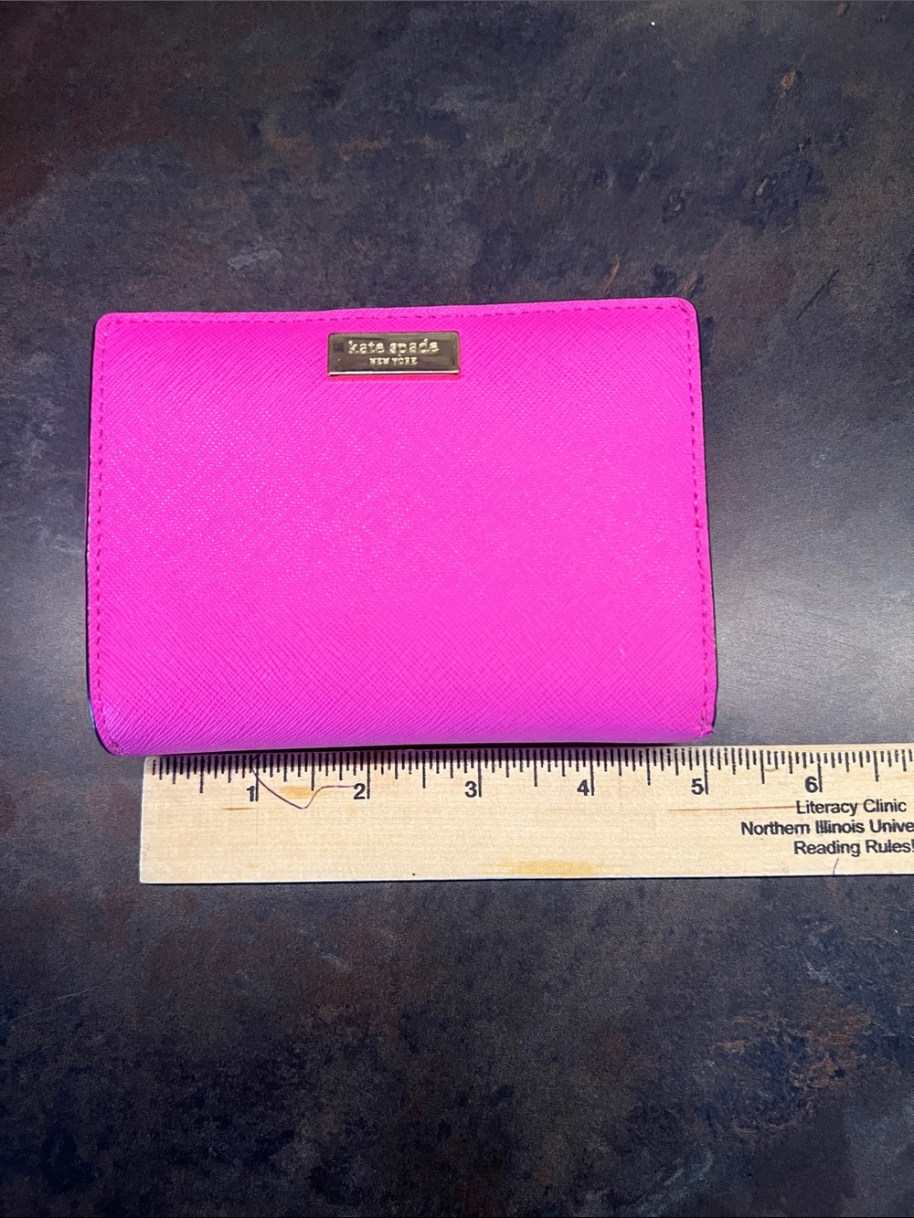 kate spade Bright Pink Saffiano Leather Compact Wallet with Gold Logo
